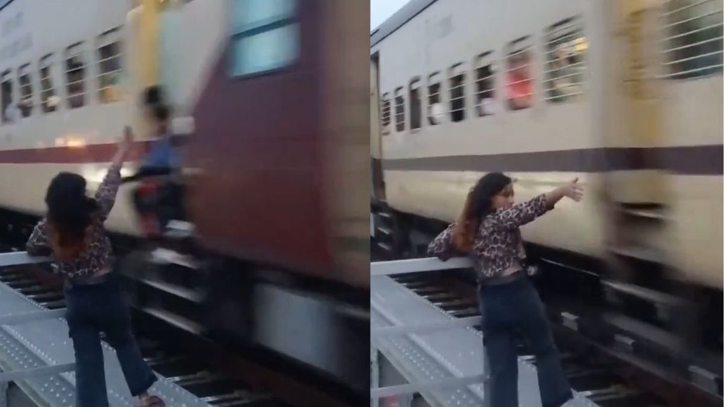 Girl tries to touch moving train while shooting Instagram reel viral video