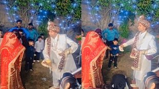 Funny wedding moment groom uses money bundle” Bride groom wedding entry viral clip