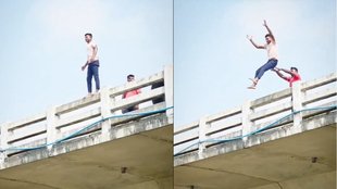 man pushes friend bridge railing viral video stunt controversy