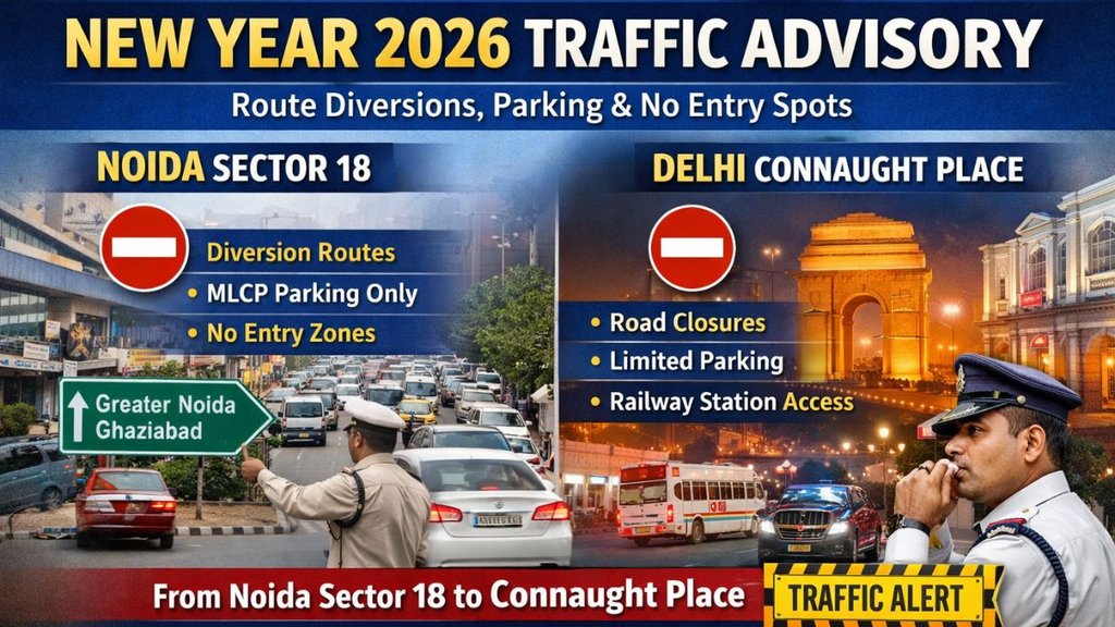 New Year 2026 Traffic Advisory, Noida Traffic Advisory New Year 2026, Delhi Traffic Advisory New Year 2026, Noida Sector 18 Traffic Update, Connaught Place Traffic Restrictions, Noida Sector 18 parking rules New Year, Delhi Connaught Place route diversion