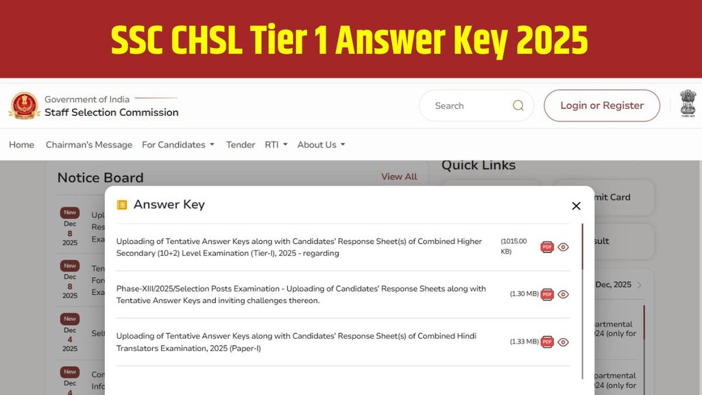 SSC CHSL Tier 1 Answer Key 2025, SSC CHSL Answer Key Download, SSC CHSL Response Sheet 2025, SSC CHSL Objection 2025, SSC CHSL Tier 1 Result 2025, ssc.gov.in Answer Key