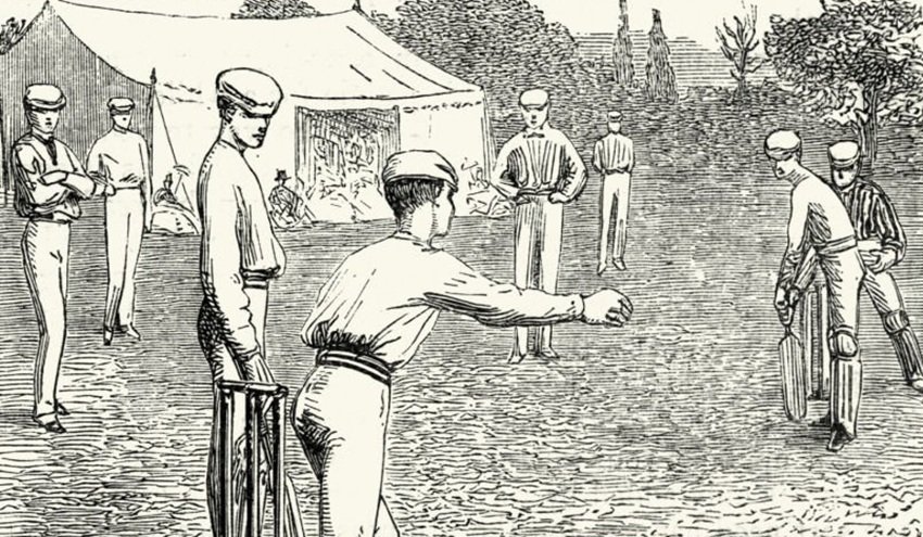 Vintage woodcut illustration of a Victorian cricket match, 19th Century