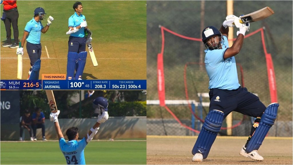 Yashasvi Jaiswal Century Sarfaraz Khan 25 balls 64 runs mumbai second highest Syed mushtaq ali trophy run chase Yashasvi Jaiswal Century Sarfaraz Khan 25 balls 64 runs mumbai second highest Syed mushtaq ali trophy run chase