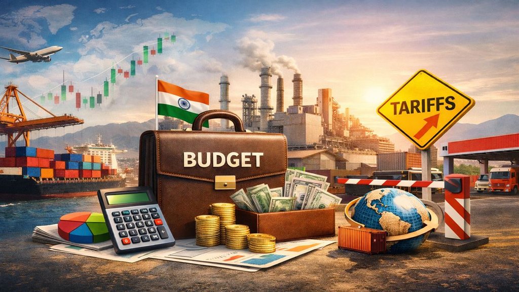 Indian trade and budget concept showing cargo containers, factory and finance symbols