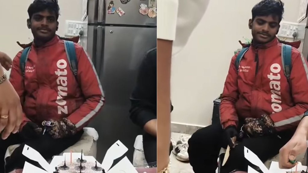 Zomato delivery rider gets emotional as customer family celebrates his birthday Zomato delivery rider gets emotional as customer family celebrates his birthday