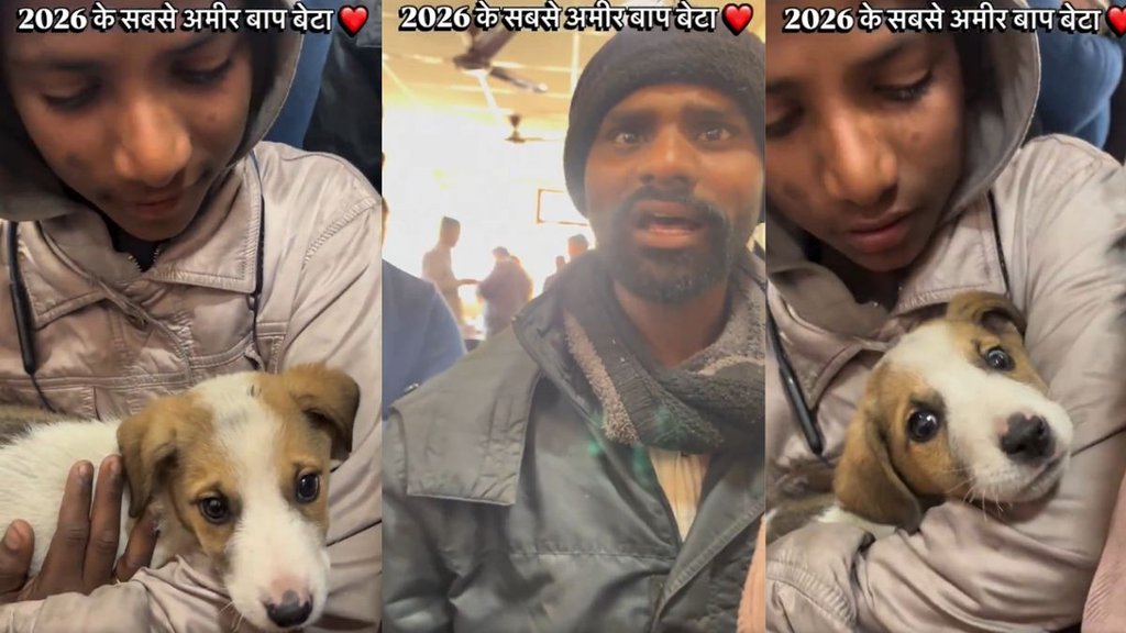 Father and son carrying a sick puppy to a government veterinary hospital.