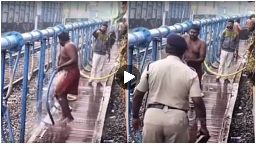 Viral Video, Train Stopped, Man Bathing at Railywa station, Indian Railway Viral Video,