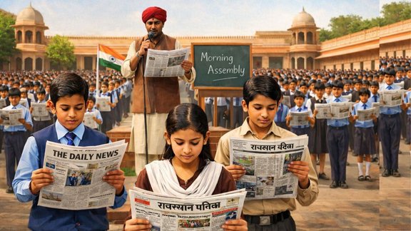 Rajasthan education news 2026, School morning assembly newspaper reading, Competitive exam preparation in schools, Hindi English newspaper in schools