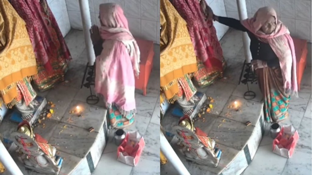 Elderly woman seen taking shawl from temple idol in CCTV footage.