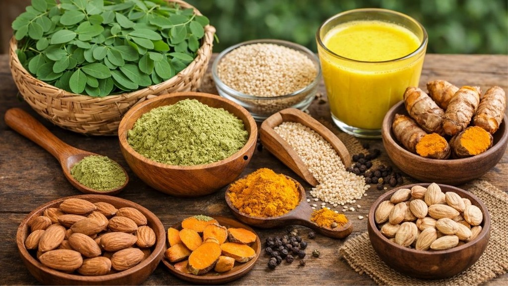 Kitchen superfoods for healthy body, Moringa leaves benefits for PCOS, Mamra Badam benefits for brain, Raw turmeric and curcumin benefits,