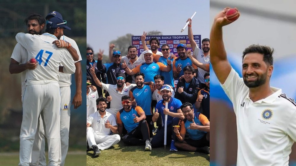 मोहम्मद शमी विकेट लेने के बाद और जम्मू कश्मीर की टीम फोटो शूट में, आकिब नबी दार (दाएं) (सोर्स- एक्स)