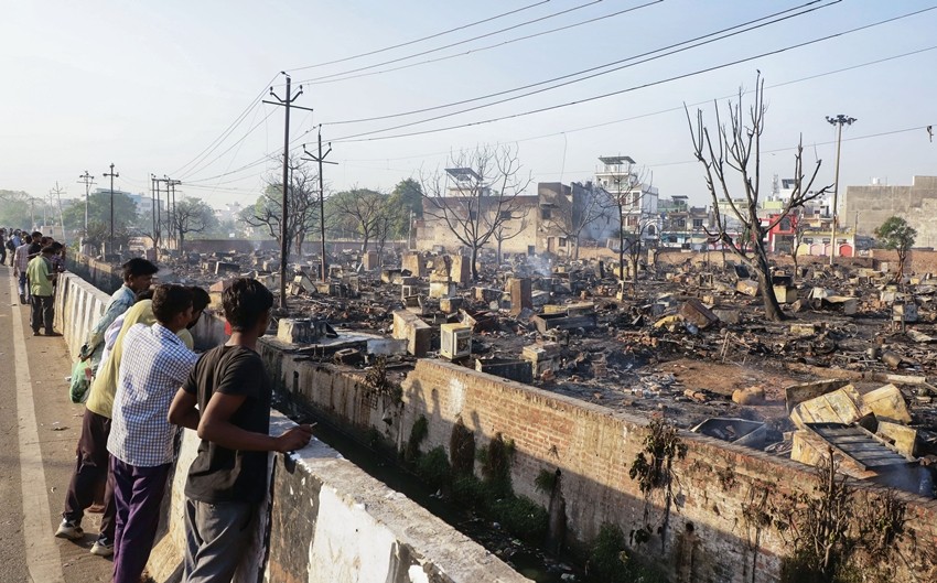 Vikas Nagar police station following a fire incident a day earlier