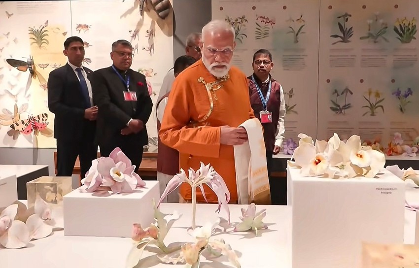 Prime Minister Narendra Modi during his visit to the orchidarium at the Swarnajayanti Maitri Manjari Park