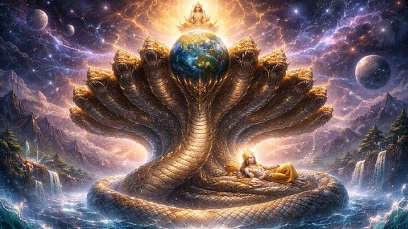 Mahabharata legend, the Mahabharata story, महाभारत कथा, महाभारत कहानी, kon hai sheshnag, sheshnag earth in head,earth in sheshnag head, jane sheshnag se sir par q utai prathavi, mahabharata, faithful sheshnag, indian mythology, dharma, dharm gatha, loyalty, spiritual art, snow-clad peaks, divine light, epic tale, sacred symbolism, शेषनाग, कौन है शेषनाग, वैदिक कथा, महाभारत की कथा, महाभारत, युधिष्ठिर, धर्मराज, धर्मदेव, सरमा, अष्टवसु, इंद्र, स्वर्गलोक, पौराणिक कथा, ऋग्वेद, गरुण पुराण,
