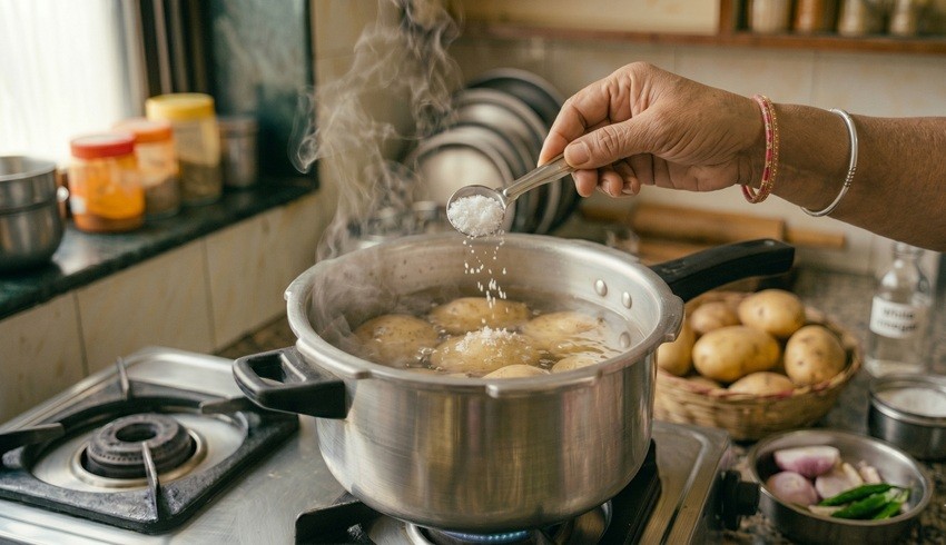 Boiling potatoes with salt