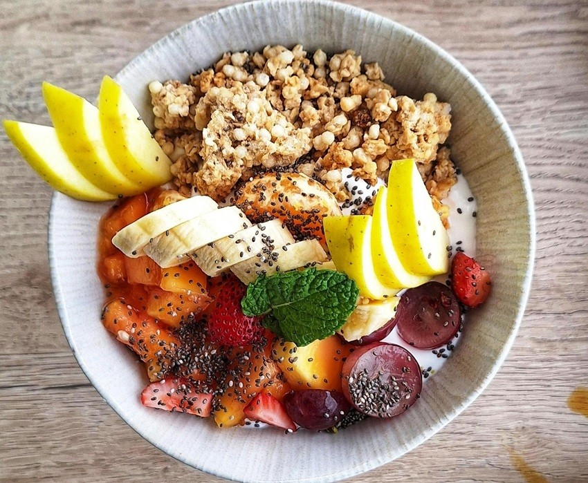 Fruit Salad with Tahini Granola and Yogurt