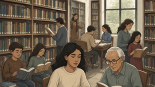 पुस्तकों से भरे शांत पुस्तकालय में विभिन्न आयु के लोग पढ़ते हुए; ज्ञान, संस्कृति, इतिहास और पठन-पाठन की परंपरा को दर्शाता दृश्य।