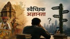 भारतीय संस्कृति, मंदिर, लोक परंपराओं और आधुनिक शहरी जीवन के बीच ‘स्वैच्छिक अज्ञानता’ को दर्शाता प्रतीकात्मक दृश्य।