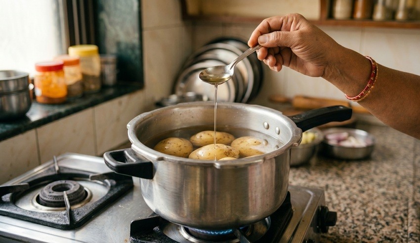 adding a teaspoon of oil to the pressure cooker while boiling potatoes