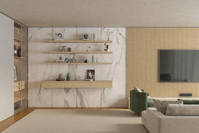 Fluted marble accent wall