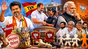 विजय, राहुल गांधी, नरेंद्र मोदी और अन्य प्रमुख नेताओं के साथ भारतीय राजनीति के बदलते शक्ति-संतुलन को दर्शाती सांकेतिक फीचर इमेज।