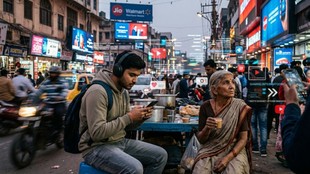 A lonely elderly man waiting on a crowded station platform while a young person next to him is absorbed in their smartphone