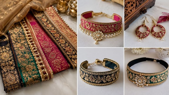 saree ke border se jewellery kaise banaen | reuses of old saree border | jewellery from saree border