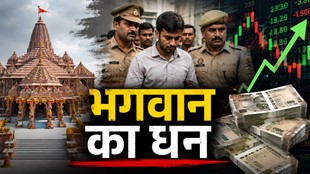 अयोध्या राम मंदिर की पृष्ठभूमि, पुलिस हिरासत में एक आरोपी, शेयर बाजार का ग्राफ और नकदी की गड्डियों के साथ "भगवान का धन" लिखा हुआ फीचर इमेज, जो राम मंदिर चढ़ावा कथित गबन मामले का प्रतीकात्मक चित्रण है।