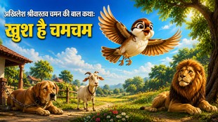 खुले आसमान में उड़ती चमचम गौरैया, साथ में कुत्ता, बकरा और शेर का प्रतीकात्मक दृश्य।