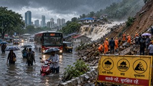 भारी बारिश के बीच जलमग्न शहर, भूस्खलन प्रभावित पहाड़ी क्षेत्र और राहत-बचाव अभियान को दर्शाती सांकेतिक फीचर इमेज, जो मानसून के दौरान बाढ़, जलभराव और आपदा प्रबंधन की चुनौतियों को दर्शाती है।