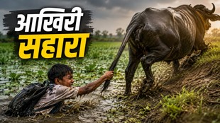 तालाब में फंसा बच्चा भैंस की पूंछ पकड़कर पानी से बाहर निकलता हुआ।