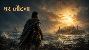 समुद्र किनारे खड़ा ओडिसियस दूर दिखाई दे रहे अपने घर की ओर देख रहा है; पीछे तूफानी समुद्र, टूटा जहाज और प्राचीन मानचित्र उसकी लंबी घर वापसी की यात्रा को दर्शाते हैं।