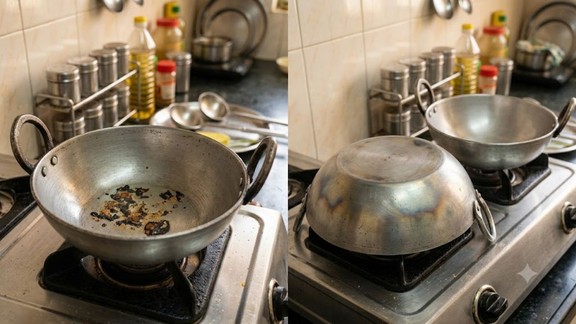 jali-kaali kadhai-kaise-saaf-kare | How to clean burnt pan bottoms