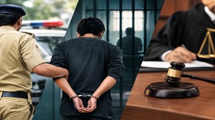 पुलिस एक व्यक्ति को हिरासत में ले जाती हुई, पीछे जेल की सलाखें और सामने न्यायाधीश का हथौड़ा।