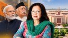 तवलीन सिंह, प्रधानमंत्री नरेंद्र मोदी और मोहन भागवत की तस्वीरों के साथ भारत की नई संसद भवन को दर्शाती एआई-निर्मित फीचर इमेज।