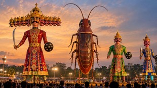 Delhi Ramlila 2026, 30 foot cockroach effigy Delhi Ramlila, Delhi Dussehra news, Delhi Ramlila cockroach effigy burning, Pitampura Ramlila cockroach effigy, Ravana Dahan Delhi cockroach effigy,